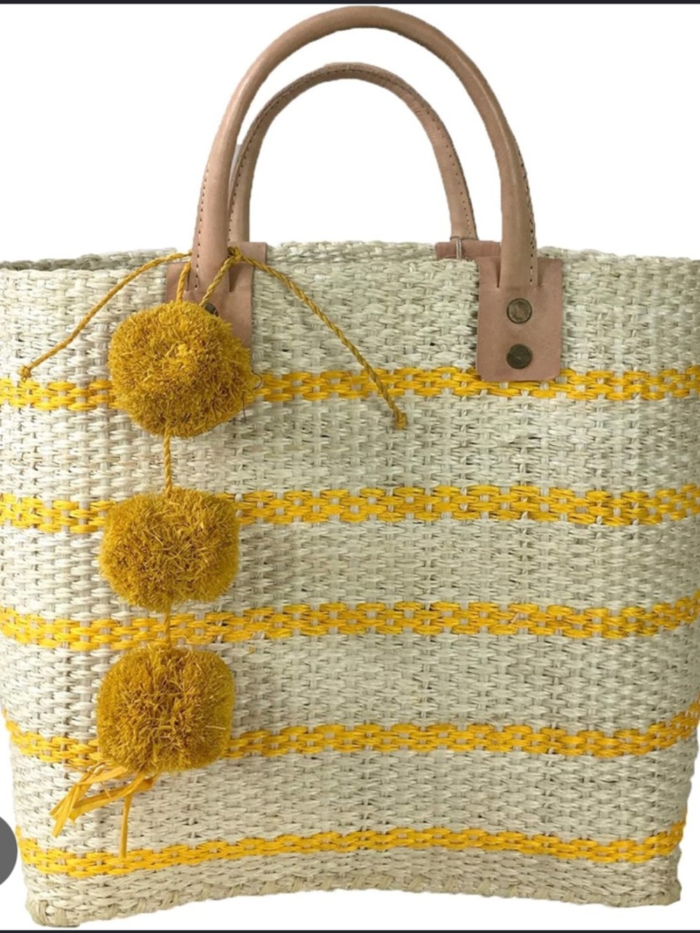 Yellow-Striped Straw Tote with Pom Pom Accents and Tan Handles